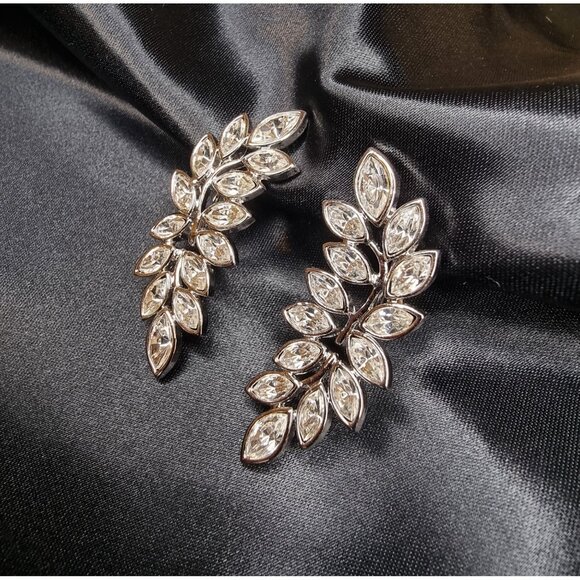 Vintage KJL Silver-Tone Clip-On Earrings With Marquise Crystal Leaf Design - Picture 3 of 3